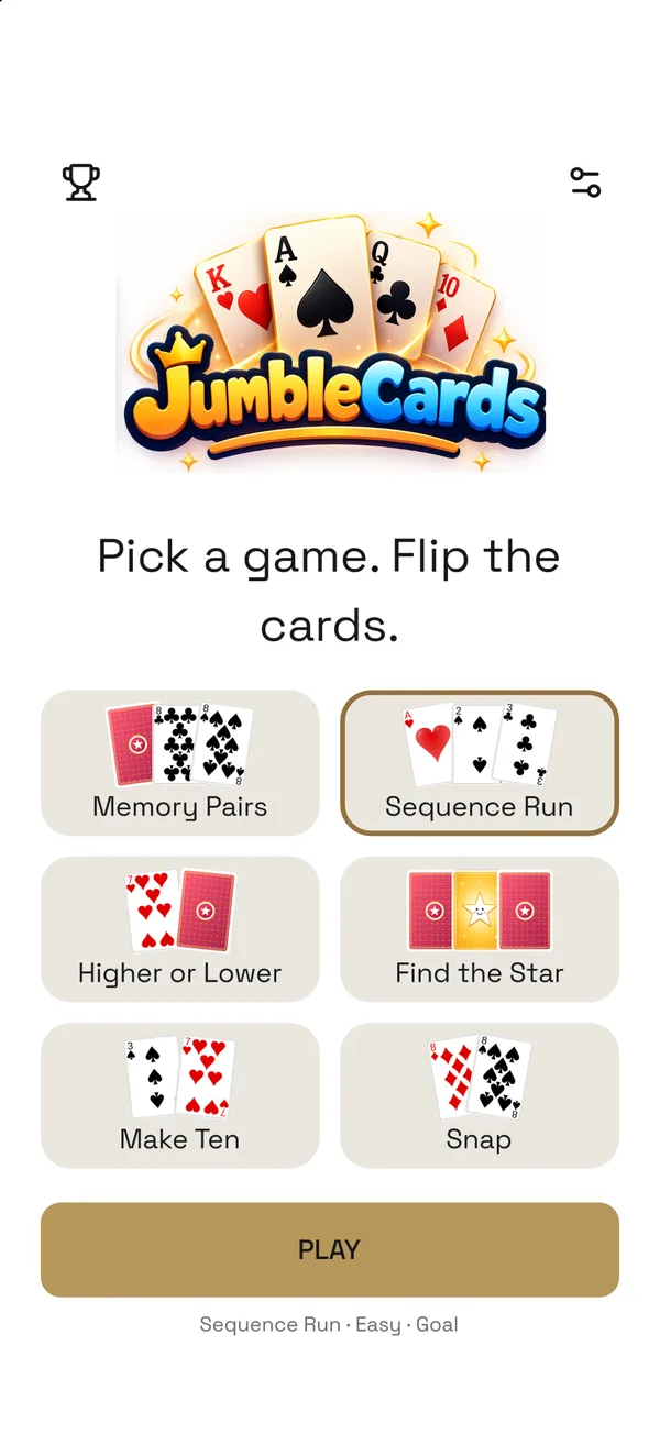 JumbleCards, screen 1