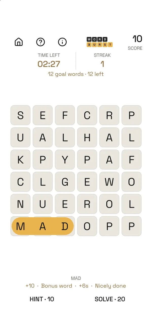 WordBurst, screen 2